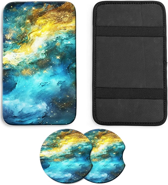 JANENFNA Car Armrest Cover Pads Universal Fashion Cute Auto Center Console Armrest Cover Pad with 2PCS Car Coasters Soft Waterproof Car Armrest Seat Protector for Women,Blue Starry