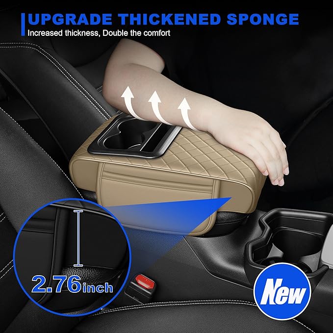 Center Console Cover Leather Armrest Cover Fit for Nissan Frontier 1998-2025 Middle Console Cushion with Storage Box&Cup Holder & Phone Slot(Beige)