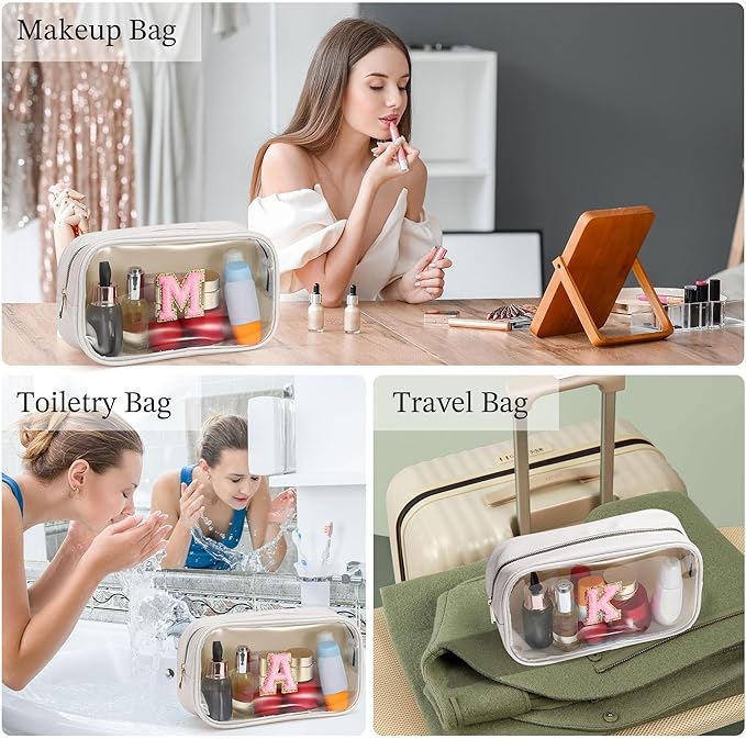 YOOLIFE Initial Makeup Bag Travel Toiletry Bag Clear Makeup Bag Preppy Cosmetic Bag Gifts for Girls Kids Valentines Gifts Birthday Gifts for Girls Kids Birthday Gifts Swim Gifts White L