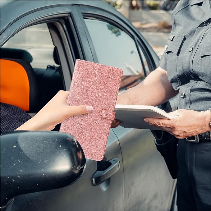 TILDOSAC Car Registration & Insurance Card Holder Leather Auto Glove Box Organizer Document Wallet with Magnetic Shut (Glitter Rose, large)