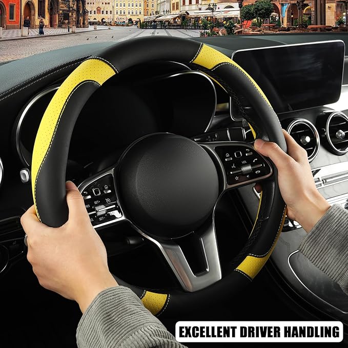 Binsheo Leather Steering Wheel Cover, Breathable, Anti Slip & Odor Free, Black and Yellow