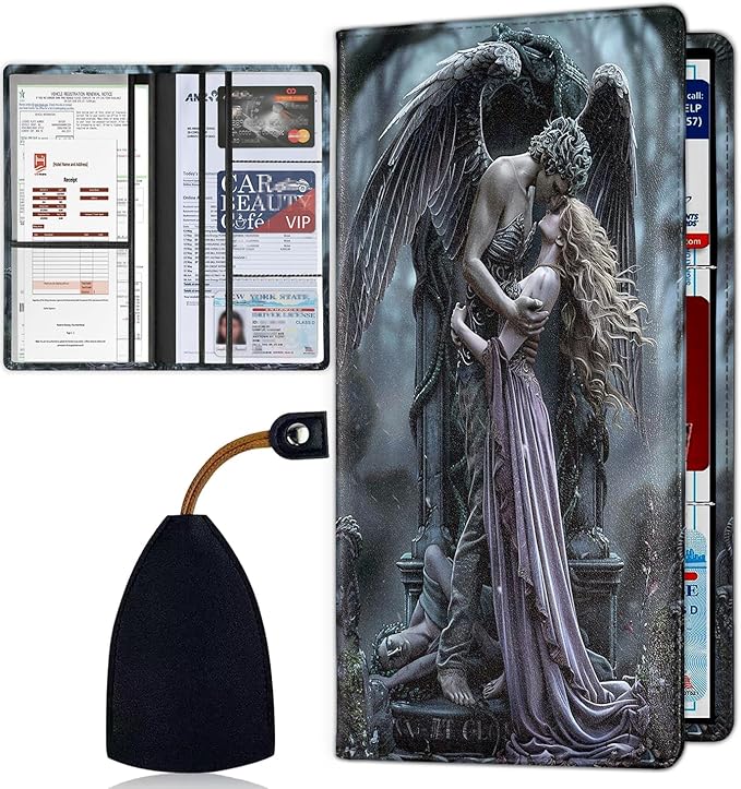 Car Registration and Insurance Card Holder for Women Men, Waterproof PU Leather Glove Box Car Organizer with Magnetic Shut, Vehicle Document Holder for Driver License,Cards, Angel Pattern