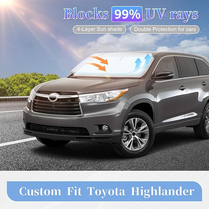 ZOIBV for Toyota Highlander 2020-2024 2025 2026 Sun Shade Sunshade Windshield Cover, 4-Layer Front Window Shade Custom Fit Highlander L LE XLE Limited Platinum Sun Visor 240T Fabric Car Accessories