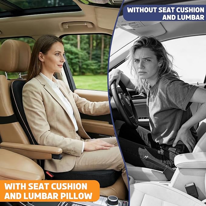 Car Seat Cushion with Lumbar Support for Long Drives – 3D Breathable Mesh Memory Foam Pad, Non-Slip Truck Seat Cushion with Adjustable Strap, Lower Back Support for Car, Office, Gaming Chair, Black