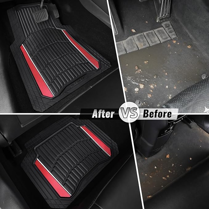 CAR PASS Heavy Duty Rubber Car Floor Mats, Deep Waterproof Car Floor Mats All Weather, Aluminum Film Floor Mats for Cars Non-Slip Universal Trim to Fit for SUVs Trucks Sedans Vans, Black Red Metallic