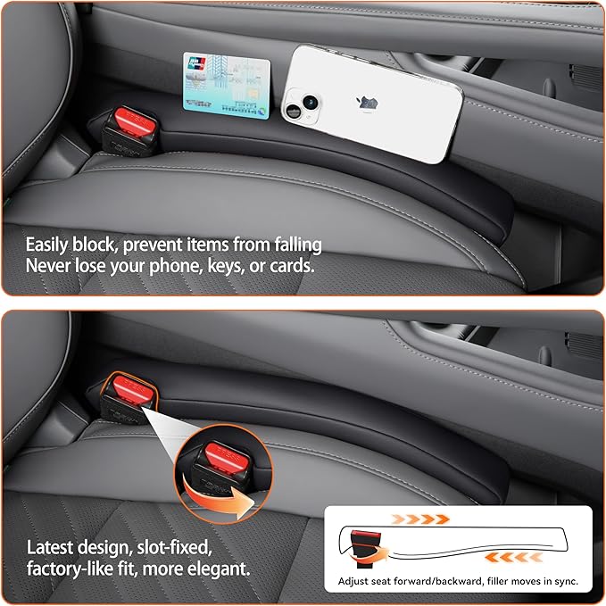 POKSRI Car seat Gap Filler, 2 Pack Leather Gap Organizers Stop Things from Dropping into The Gap Between seat and Console, Adjustable Width 1.4-2.4 inches Fit Most car/Truck/SUV, Accessories(Black)