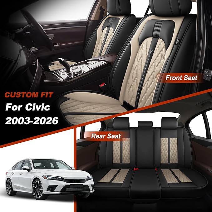 TTX LIGHTING Seat Covers Fit for Honda Civic 2003-2026 Seat Covers Full Set Car Seat Covers Faux Leather Breathable Waterproof Car Seat Protector (5 Seats, Black&Beige)