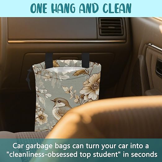 KXWQTRDD Car Garbage Bag Vintage Bird and Floral Hanging Canvas Car Trash Bag Drawstring Car Back Seat Organizer for Car Back Front Seat Console with Adjustable Buckle