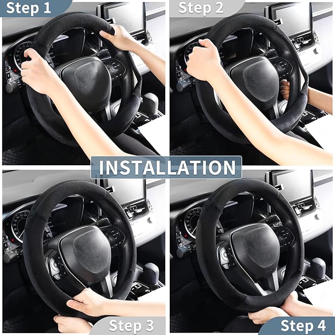SEG Direct Steering Wheel Cover for Car, Standard Size 14.5-15 inch, Auto Interior Accessories, Plush Warm Velvet, Summer Winter, Black