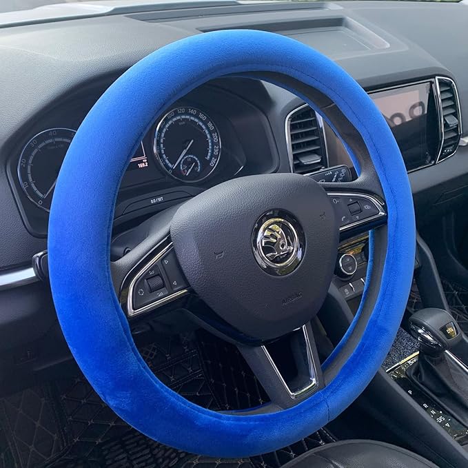 Fluffy Steering Wheel Cover, Short Plush Auto Accessories for Men and Women with Inner Ring Universal 15 Inch (Blue)