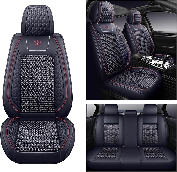HighnessHwoo Luxury Car Seat Covers Full Set, Breathable Faux Leather Car Seat Protector, Dog Child Kids Summer Ventilated Seat Cushion for Front & Back Seats, Universal, Black, Full Set 5 Seats