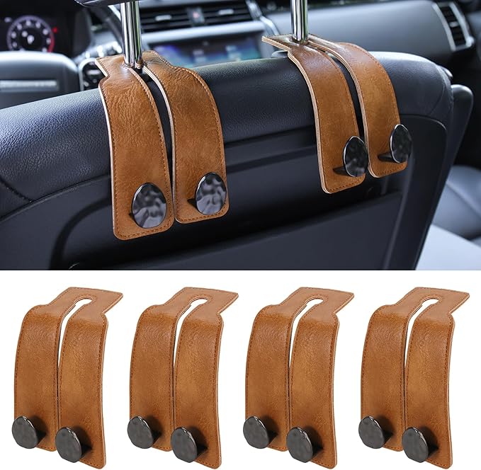 URIZZD 4 PCS Leather Car Seat Hooks for Headrest, Vehicle Hanger Storage Organizer Universal for Handbag Purse, Car Accessories Gift (Brown-Black-4 PCS)