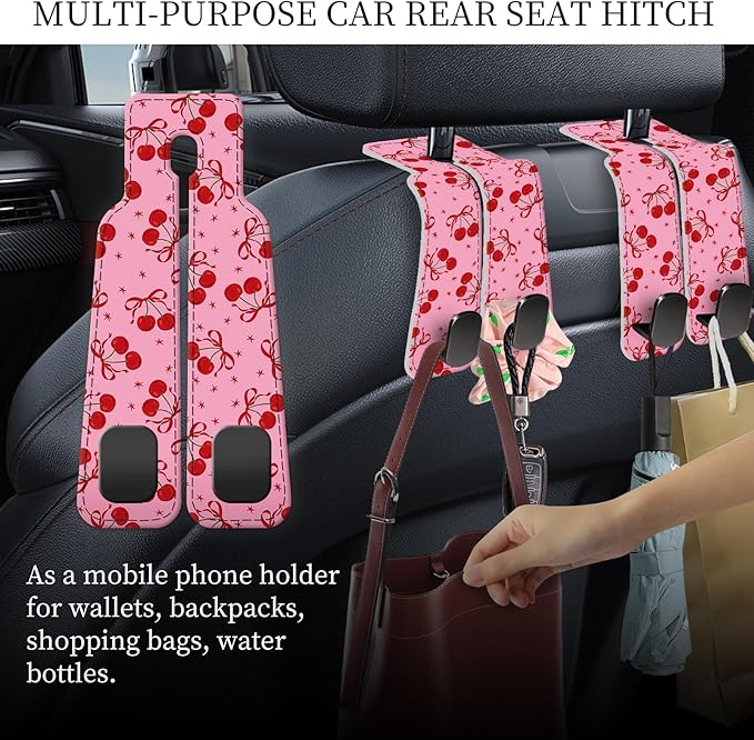AXRQLSU PU Leather Car Seat Hook, Storage Headrest Hanger, Cute Car Backseat Organizer, Car Hooks For Purses and Bags Pink Cherry Print