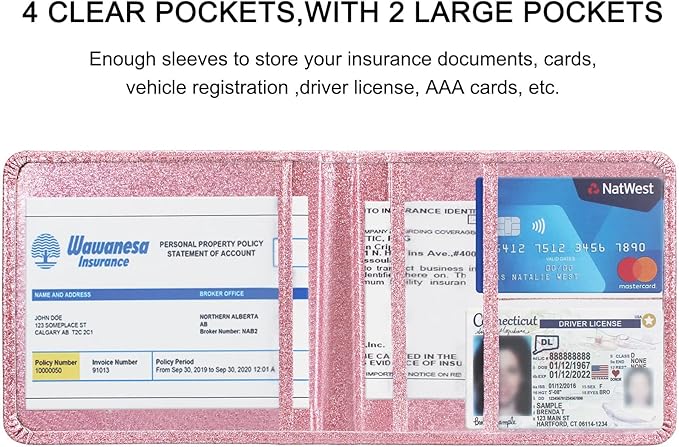 LumiMokki Car Registration and Insurance Holder, Leather Registration and Insurance Card Holder, Vehicle Glove Box Organizer - For Documents, Cards, License (Bling Rose Gold)
