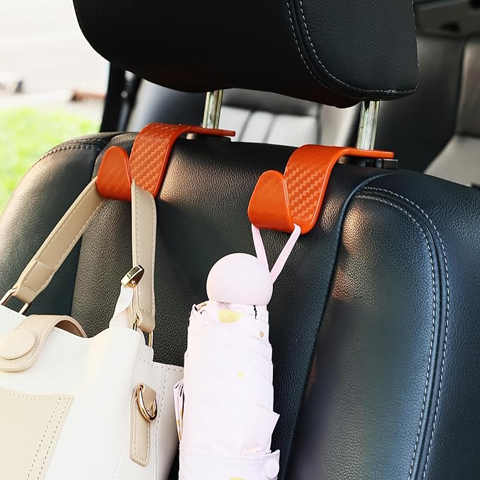 Amooca Car Seat Headrest Hook 4 Pack Hanger Universal Vehicle Car Storage Organizer for Handbag Purse Coat S Type Checkered Orange