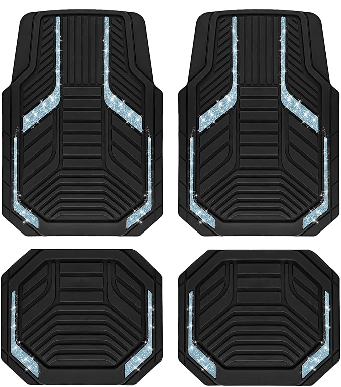 PIC AUTO Car Floor Mats, Light Blue Sparkly Crystal Bling Glitter Car Mats Set, Front and Rear Heavy Duty Rubber Car Mats with Anti-Slip Backing, All Weather, Trim-to-Fit for SUVs, Trucks, Sedan, Vans