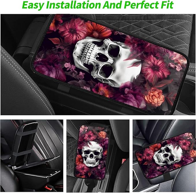 JANENFNA Car Armrest Cover Pads Universal Fashion Cute Auto Center Console Armrest Cover Pad with 2PCS Car Coasters Soft Waterproof Car Armrest Seat Protector for Women,Skull Red Flowers