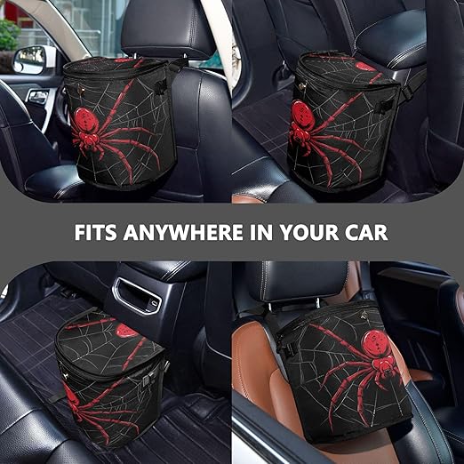 MNSRUU Car Trash Can with Lid, Red Spider on A Web Car Trash Bag Hanging Organizers and Storage for Front Back Seat, Leak-Proof Trash Bin