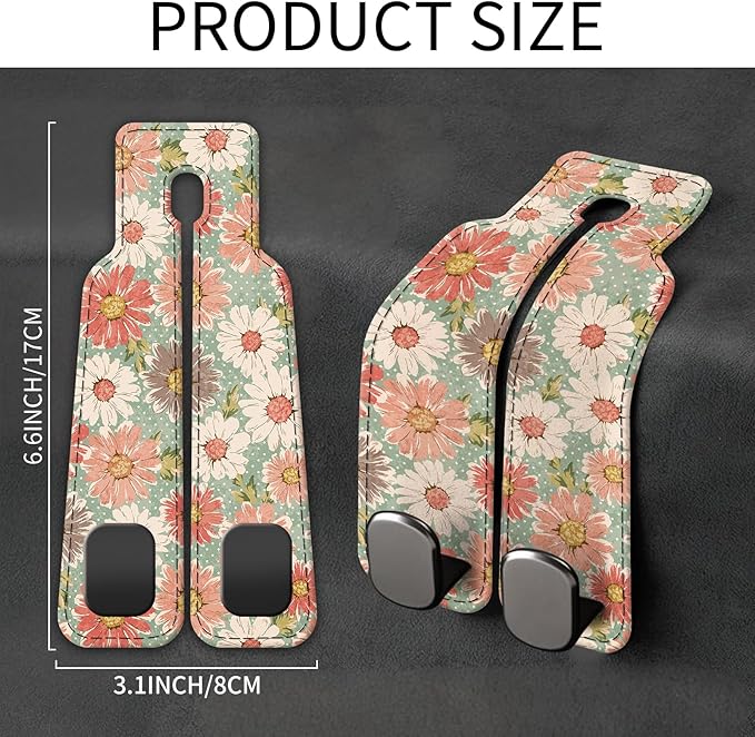 AXBSAKDI Car Seat Back Storage Headrest Hook, Premium Leather Double Metal Hook, Hanger Storage Organizer for Purse Cloth Bag, Car Interior Accessories Cute Retro Flowers