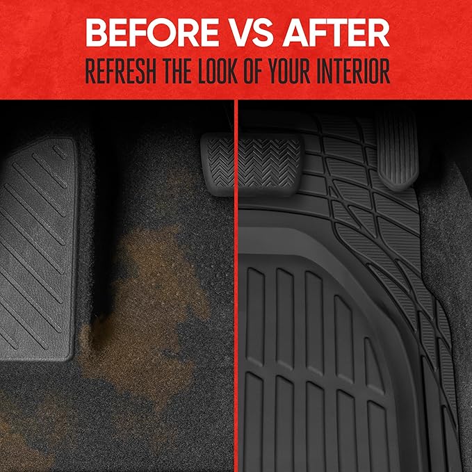 Motor Trend Original FlexTough Black Rubber Car Floor Mats for 3 Row Vehicles, Front & Rear 2nd Row Deep Dish All Weather Automotive Heavy Duty Trim to Fit, Automotive Liners for Cars Truck Van SUV
