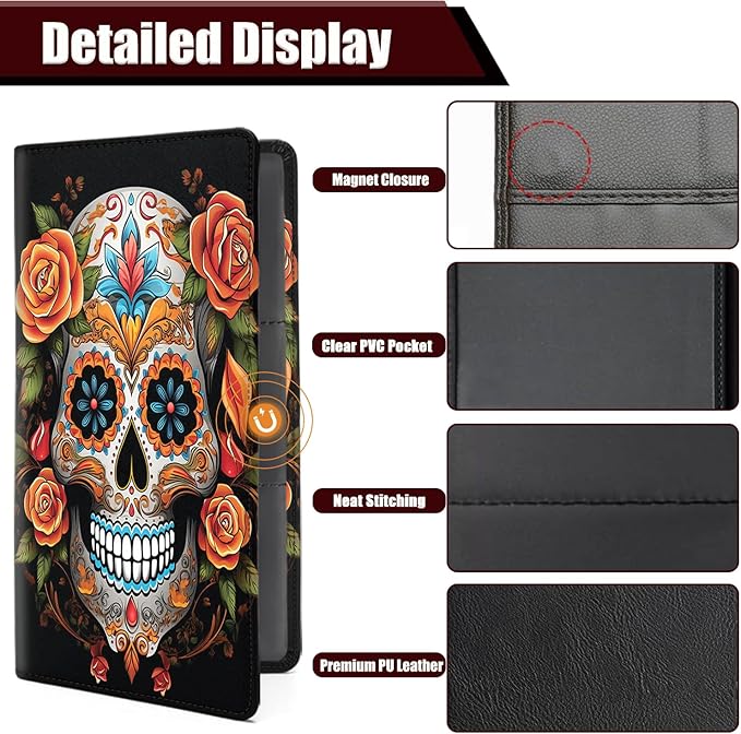 Car Registration and Insurance Holder, PU Leather Auto Document Holder for Men&Women, Vehicle Glove Box Compartment Organizer with Magnetic Shut for Driver's License, Sugar Skull with Flowers