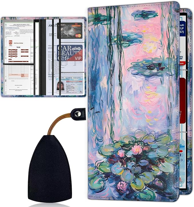 Car Registration and Insurance Card Holder for Women Men, Waterproof PU Leather Glove Box Car Organizer with Magnetic Shut, Vehicle Document Holder for Driver License,Cards, Watercolor Water Lotus