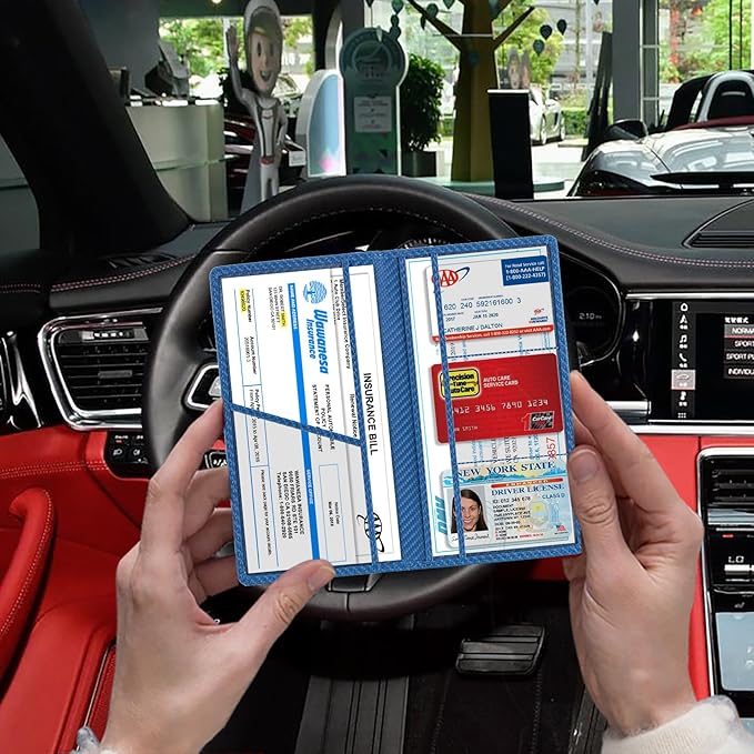TOURSUIT Car Registration and Insurance Card Holder, Vehicle License Document Glove Box Compartment Organizer, Essential Car Wallet Case for Driver Auto Owners (Carbon Blue)