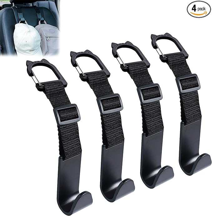 Amooca Car Headrest Hooks 4 Pack Adjustable Universal Fit Auto Seat Back Organizer Storage Hanger Purse Bags Holder with Clip Black