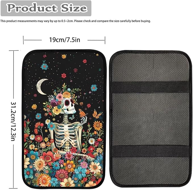 Floral Skull Car Center Console Cushion Pad for Women Gothic Skeleton Armrest Seat Box Cover Dustproof Auto Armrest Cover Protector Sugar Skeleton Cars Interior Accessories