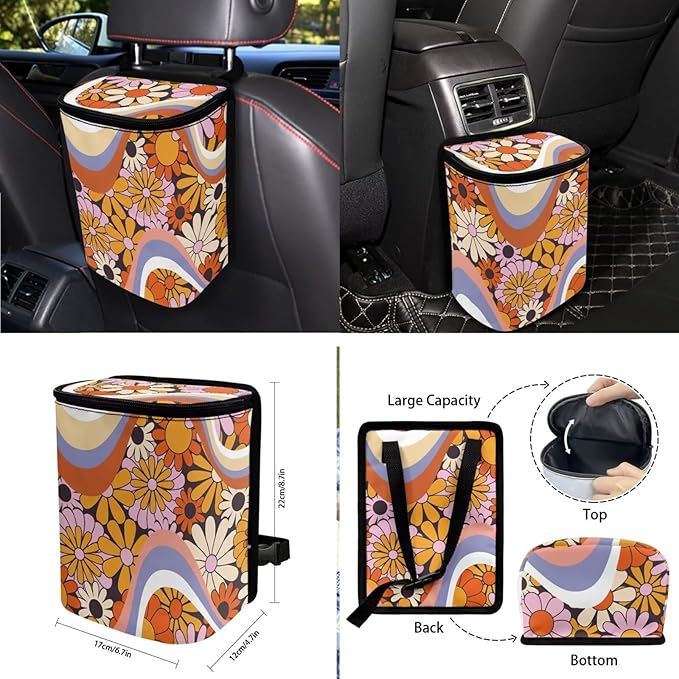 10 PCS Car Interior Accessories Sets for Women, Daisy Stripe Printed Comfortable Breathable Car Front and Back Seat Protector with Steering Wheel Cover Trash Can Coaster, Universal Fits