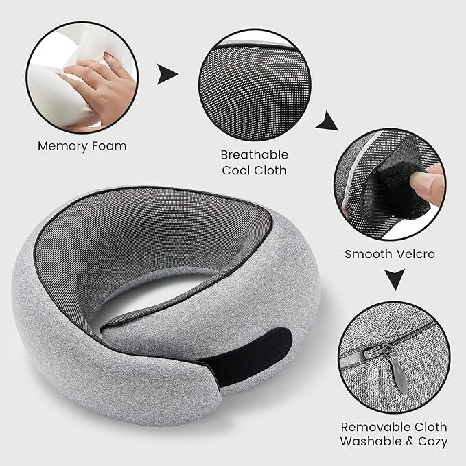 4litamz Travel Neck Pillows, 100% Memory Foam Filling, Travel Pillows for Airplanes, Compact and Ergonomic Design, Best for Sleeping Plane Train Travel Essentials (Light Grey)