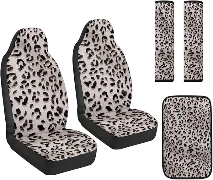 Qeluxign Leopard Print Car Accessories Set for Women Center Console Armrest Pad Seat Belt Cushion Universal Car Accessories for SUV Van Truck
