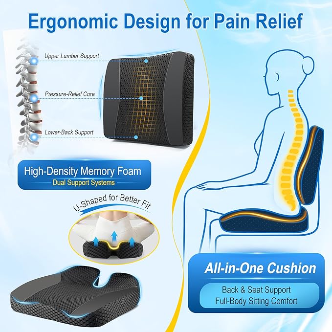 Back Cushions & Seat Cushions: Memory Foam Car Seat Cushion with Lumbar Support Pillow for Long Driving, Office Chair Pillow for Butt and Back Pain Relief, Great for Car, Office, Desk Chair - Black