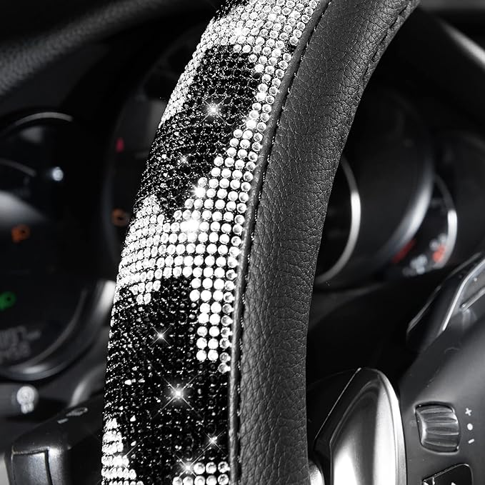 CAR PASS Bling Cow Print Diamond Steering Wheel Cover, with Sparkly Crystal Glitter Rhinestones Black Leather Car Wheel Protect for Women Girl Fit Suvs,Vans,Sedans,Cars,Trucks, 14" 1/2-15" Cow Design