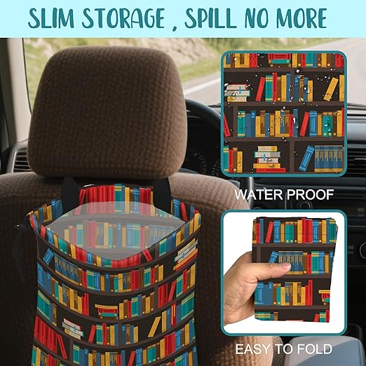 KXWQTRDD Car Garbage Bag Colorful Bookshelves Library Drawstring Car Trash Bag Hanging for Back Seat with Adjustable Buckle Canvas Vehicle Trash Can Easy-to-Install