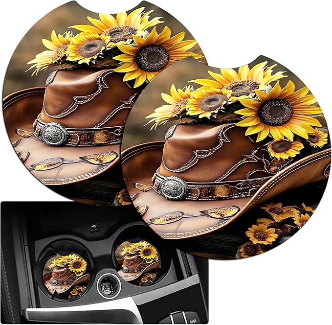JANENFNA Car Armrest Cover Pads Universal Fashion Cute Auto Center Console Armrest Cover Pad with 2PCS Car Coasters Soft Waterproof Car Armrest Seat Protector for Women,Cowboy Hat Sunflowers-A