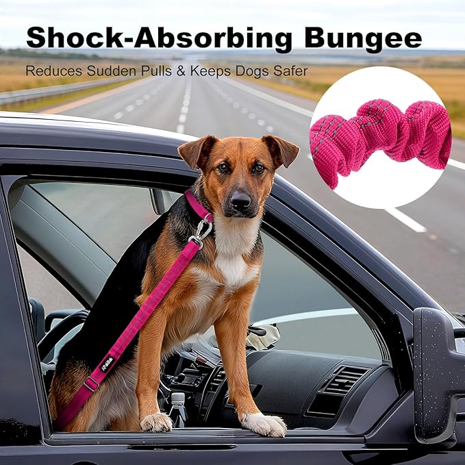 APakBak Dog Seat Belt for Car, Adjustable Dog Car Harness Seatbelt for Small Medium Large Dogs, Heavy Duty Travel Safety Restraint with Locking Aluminum Hook & Reflective Nylon Strap, Pink