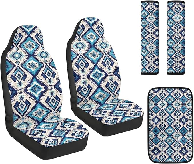 FUSURIRE Aztec Rhombus Leather Front Seat Covers & Seat Belt Covers &Center Armrest Pad Universal Car Accessories for SUV,Van,Saden,Truck Automobile Interior Sets