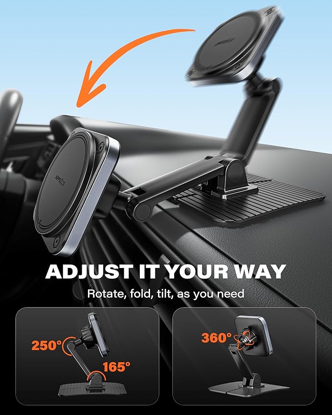 APPS2Car Magnetic Phone Holder for Car, 360° Adjustable Car Cell Phone Holder Mount with Large Adhesive Base, Fits Flat & Curved Dashboards, Compatible with Magsafe iPhone, Samsung, Smartphones