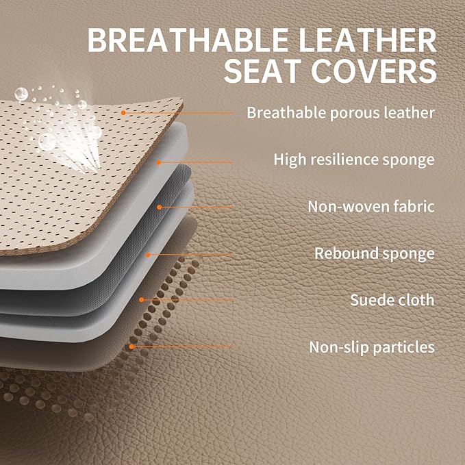 GEZHOUBA Car Seat Covers Full Set, Nappa Leather Seat Covers for Cars, Beige Car Seat Protector Waterproof, Car Seat Covers Front Seats and Back Fit for Most Cars SUVs Trucks