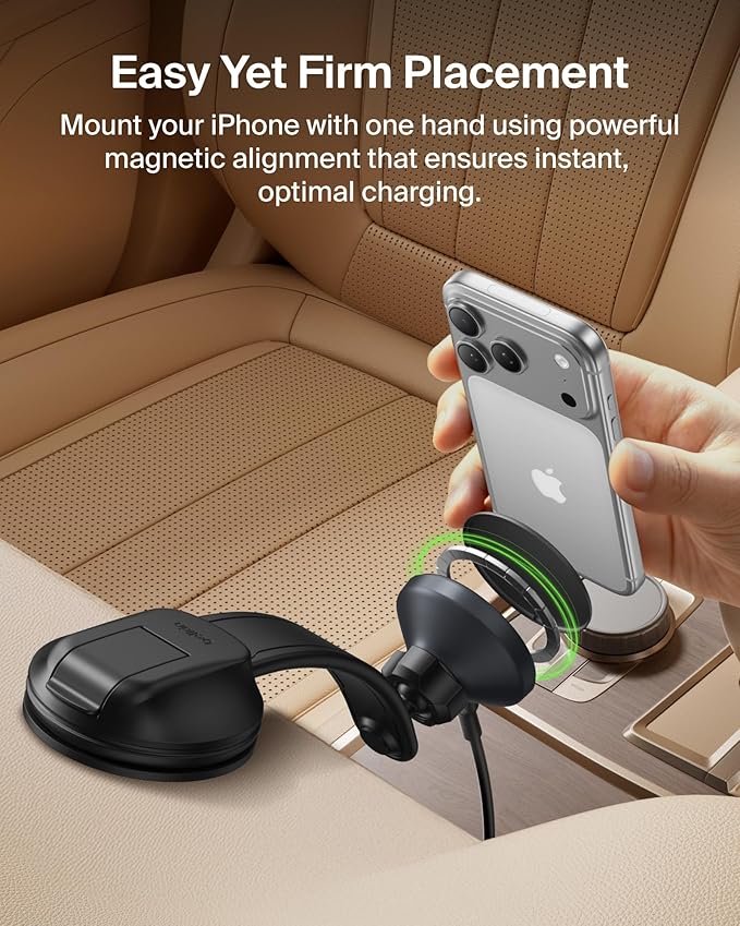 Belkin Wireless Car Charger, Magnetic Car Dash Mount w/ 1M USB C Cable, Qi2 MagSafe Compatible Fast Charging iPhone Charger for iPhone 17, Galaxy S25, Pixel 10, & More - Travel Accessories - Black