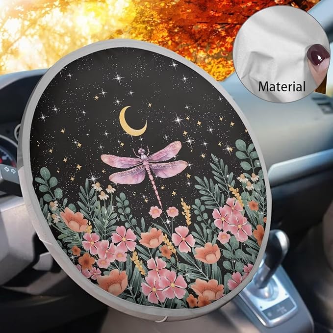 Steering Wheel Sunshade Cover Steering Wheel UV Reflector Shade Cover Car Interior Accessories Sun Protection for Car SUV Truck Van, Vintage Floral Dragonfly Moon Star Pattern