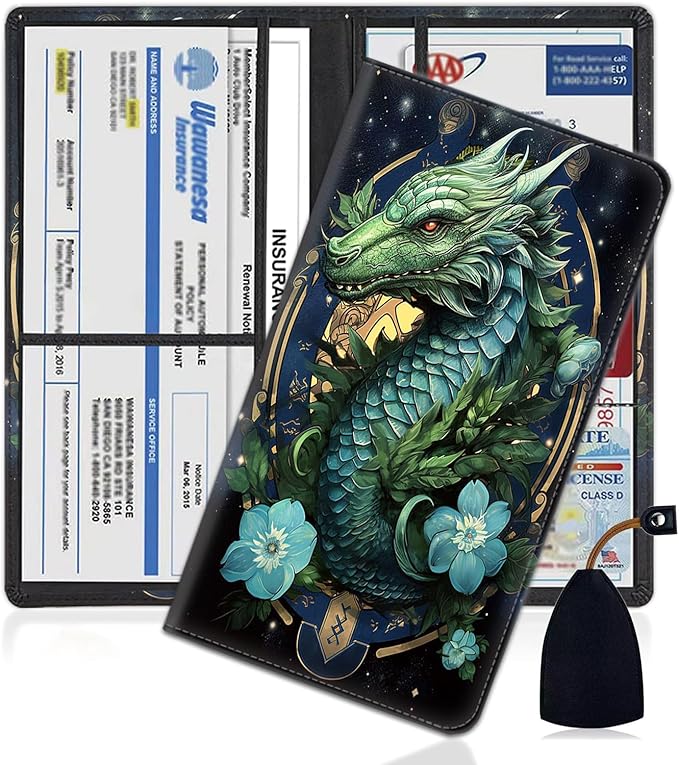 Car Registration and Insurance Holder, PU Leather Auto Document Holder for Men&Women, Vehicle Glove Box Compartment Organizer with Magnetic Shut for Driver's License, Green Dragon in the Dark