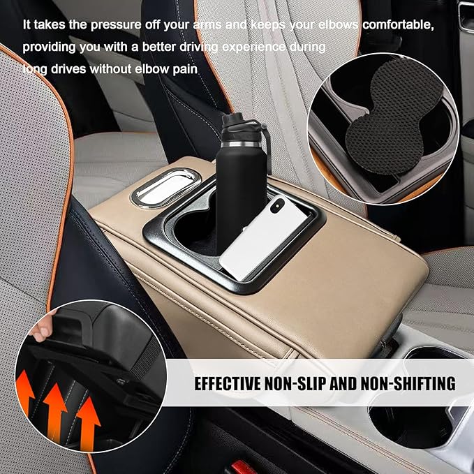 Car Center Console Armrest Pillow, Leather Arm Rest Cover Pad with 2 Storage Pockets Cup Holder & Phone Slot, Soft Middle Console Cushion Protector for Most Vehicles (Beige, Normal)