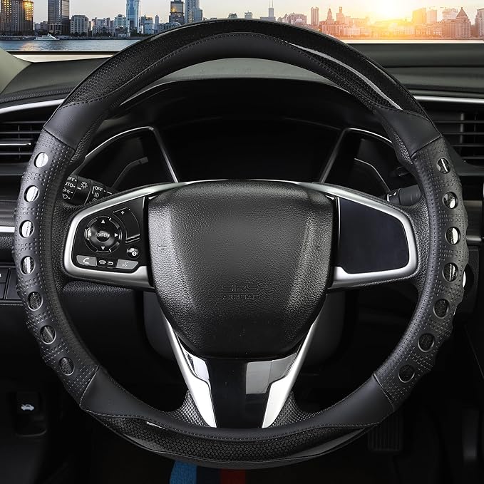 QCYP PU Leather Car Steering Wheel Cover with Anti-Slip Grip, for Women and Men, Universal Fit for 14.5-15 Inch Cars, Trucks, SUVs (Black (Round), Medium(Standard) Size[14 1/2''-15''])