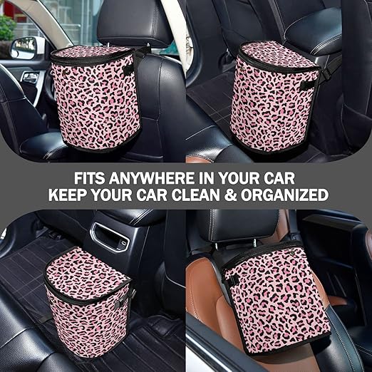 Leopard Print Car Trash Can Pink Animal Skin Car Garbage Bag with Lid Hanging Waterproof Leak Proof Vehicle Storage Bin
