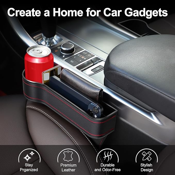 LEYACS Car Seat Gap Filler, Car Seat Organizer with Cup Holder, Car Seat Gap Filler Organizer with 2 Seat Back Hooks for Phones, Keys, Cards, Canned Drinks, Ideal for Car storage Box - 2 Pack