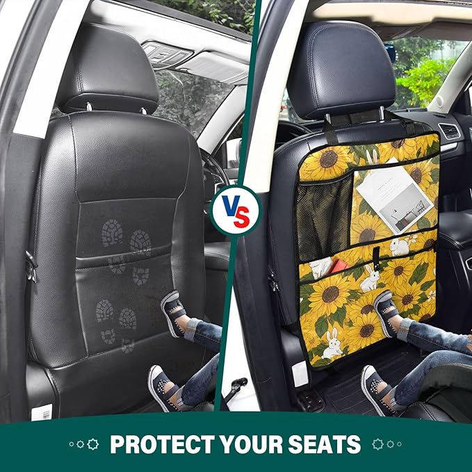 2 Pack Back Seat Car Organizer with Storage Pockets Kick Mats Back Seat Protector Hanging Car Organizer Automotive Seat Back Cover Organizers Autumn Sunflower and Cute Rabbit