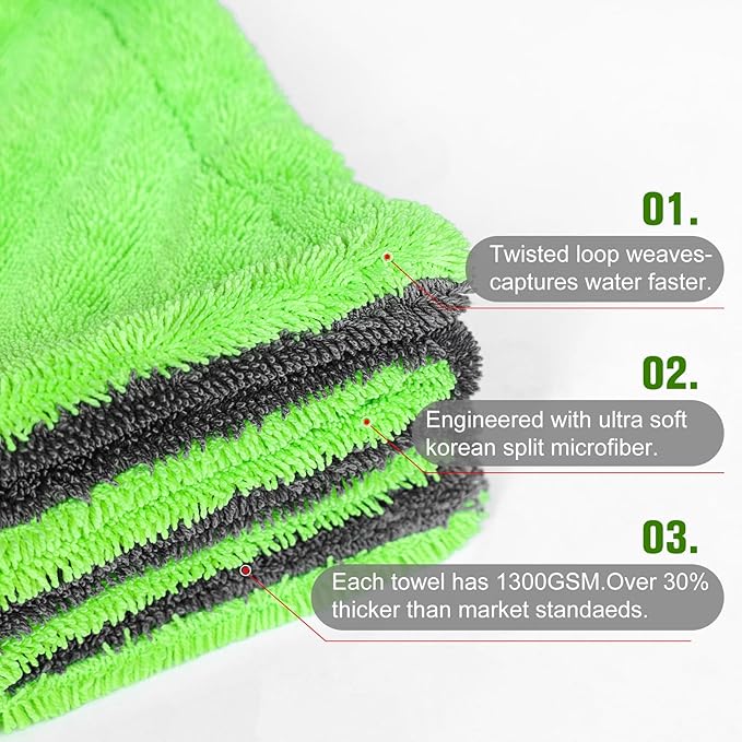 Singrune 2 Pack XL Car Drying Towel – 1300GSM Ultra Absorbent Microfiber, 24"x36" Large Size, Twisted Loop, Lint-Free & Streak-Free for Auto Detailing, Car, SUV, Truck (Gray-Green)