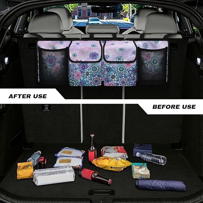 Car Trunk Organizer & Backseat Hanging Organizer with 2 Large Storage Bag & 2 Mesh Pockets,Trunk and Backseat Storage Bag for SUVs & RVs,37.01x11.81 inch,Purple Mandala Floral